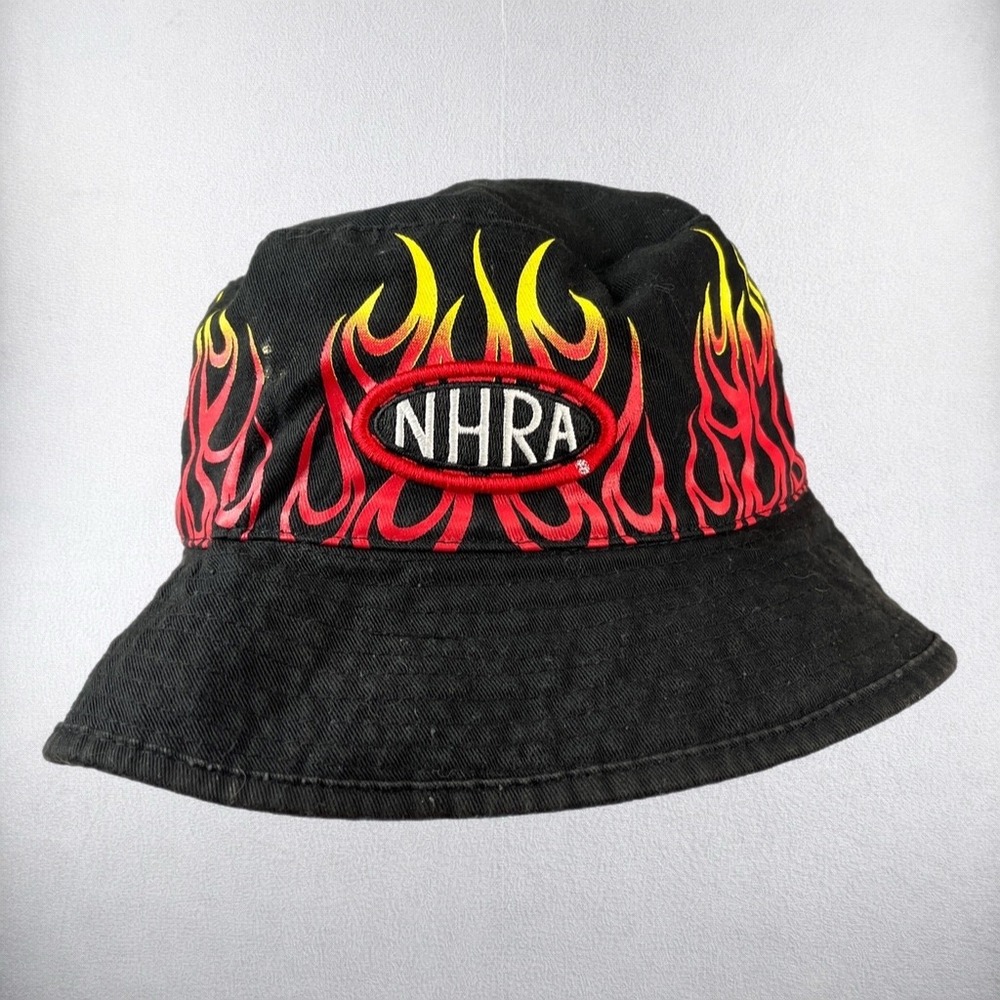 NHRA Bucket Hat Mens OSFA Black Flame Embroidered Drag Racing Sun Cap